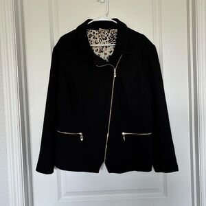 Chico's Textured Black Zip Up Jacket Leopard Print Lining Pockets Women’s XL